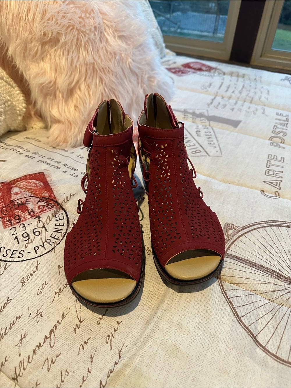 Jambu Burgundy Laser-Cut Open-Toe Ankle Boots